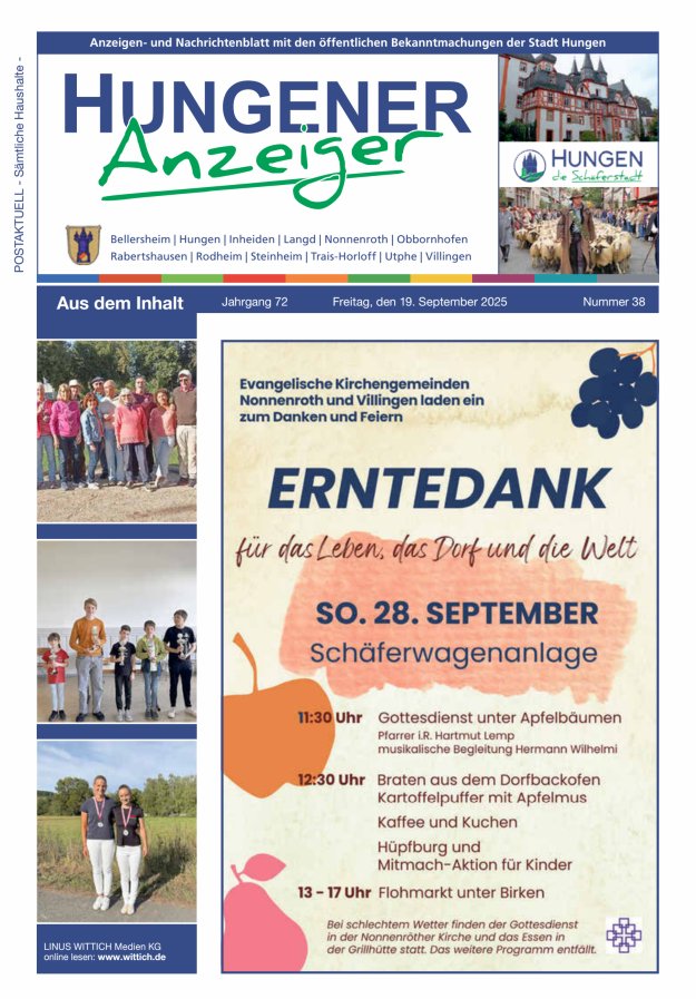 Anzeigen- und Nachrichtenblatt mit den öff  Bekanntmachungen der Stadt Hungen Titelblatt 38/2025