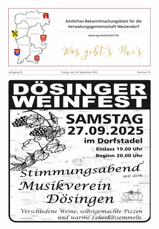 Was gibt's Nui's Amtliches Bekanntmachungsblatt für die VG Westendorf Titelblatt 19/2025