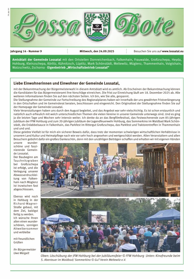 Amtsblatt Lossa Bote - Gemeinde Lossatal mit den Ortsteilen Titelblatt 09/2025
