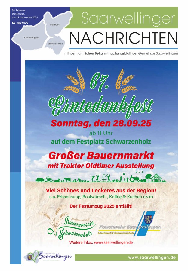 Saarwellinger Nachrichten Titelblatt 38/2025