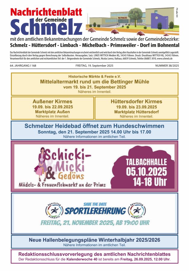 Nachrichtenblatt Schmelz Titelblatt 38/2025