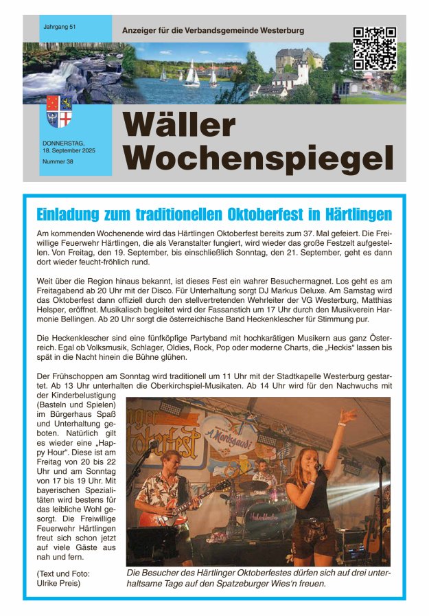 Wäller Wochenspiegel - Anzeiger für die Verbandsgemeinde Westerburg Titelblatt 38/2025