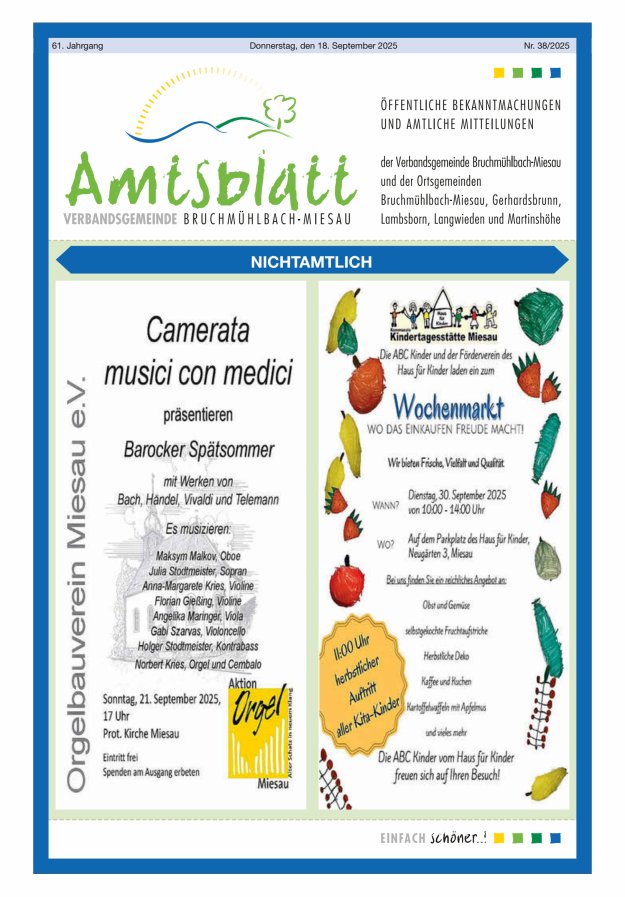 Amtsblatt der VG Bruchmühlbach-Miesau Titelblatt 38/2025