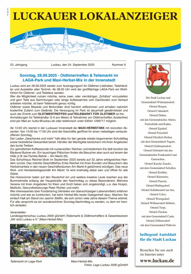 Luckauer Lokalanzeiger (beiliegend Amtsblatt für die Stadt Luckau) Titelblatt 09/2025