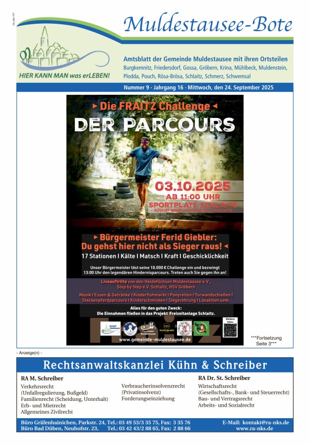 Muldestausee-Bote – Amtsblatt der Gemeinde Muldestausee mit ihren Ortsteilen Titelblatt 09/2025
