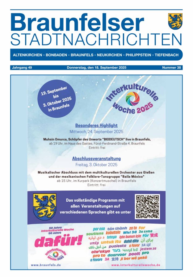 Braunfelser Stadtnachrichten Titelblatt 38/2025