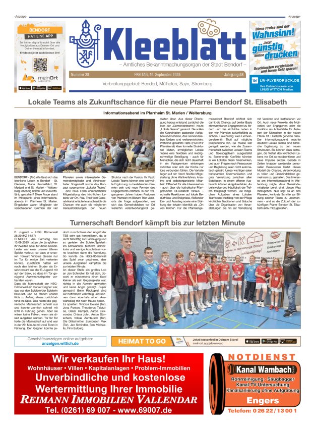 Kleeblatt - Amtliches Bekanntmachungsorgan der Stadt Bendorf Titelblatt 38/2025