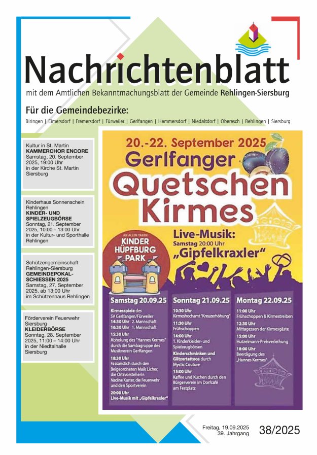 Nachrichtenblatt Rehlingen-Siersburg Titelblatt 38/2025