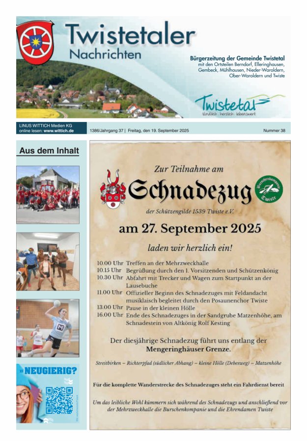 Twistetaler Nachrichten Titelblatt 38/2025