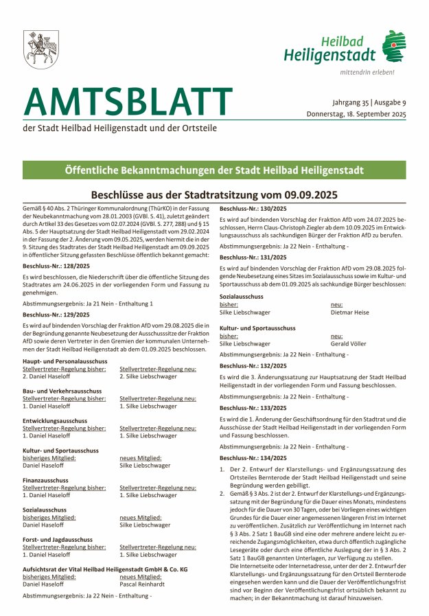 Amtsblatt der Stadt Heiligenstadt Titelblatt 09/2025