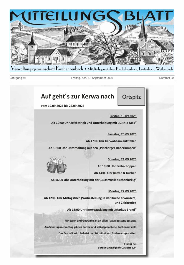 Mitteilungsblatt Verwaltungsgemeinschaft Kirchehrenbach Titelblatt 38/2025