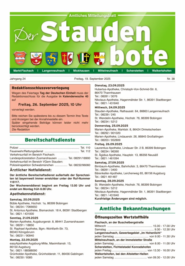 Staudenbote Amtliches Mitteilungsblatt Titelblatt 38/2025