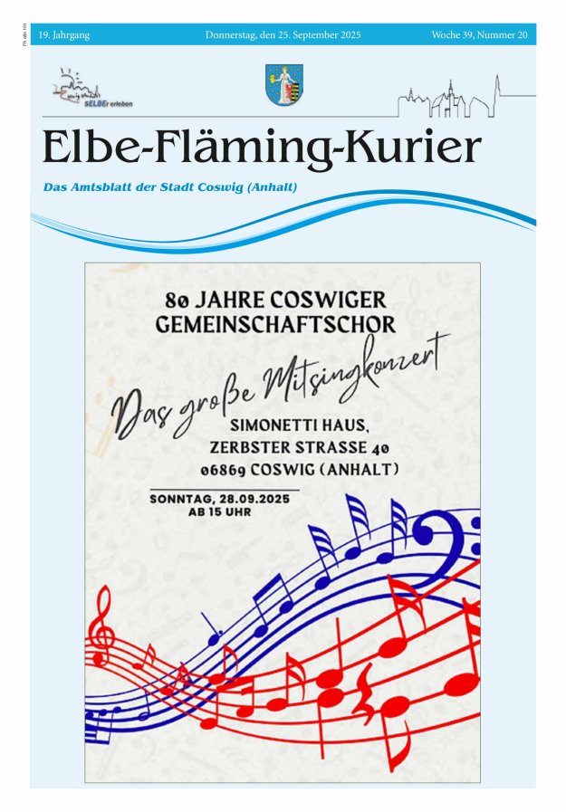 Elbe-Fläming-Kurier Das Amtsblatt der Stadt Coswig (Anhalt) Titelblatt 20/2025
