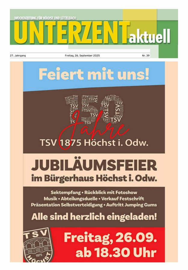 Unterzent aktuell Wochenzeitung für Höchst und Lützelbach Titelblatt 39/2025