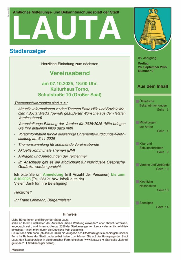 Amtliches Mitteilungs- und Bekanntmachungsblatt der Stadt Lauta - Stadtanzeiger Titelblatt 09/2025