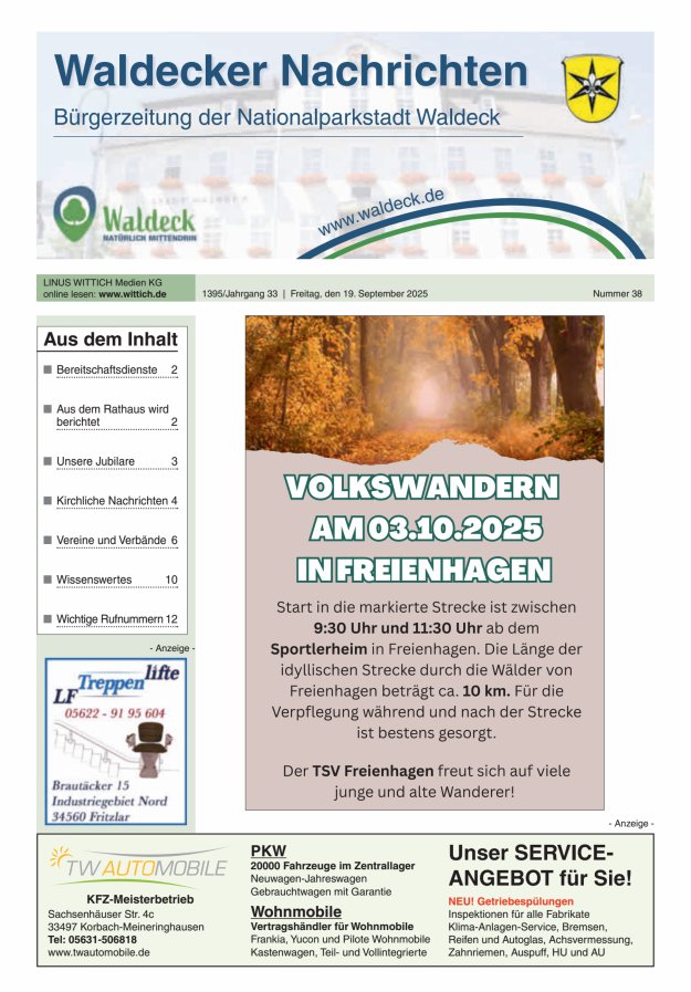 Waldecker Nachrichten Titelblatt 38/2025