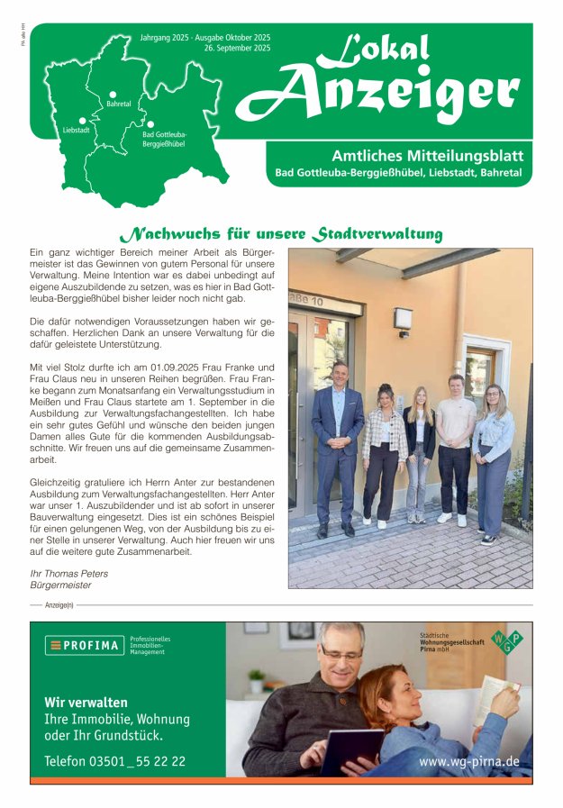 Lokal-Anzeiger - Amtliches Mitteilungsblatt Bad Gottleuba-Berggießhübel, Liebstadt, Bahretal Titelblatt 09/2025