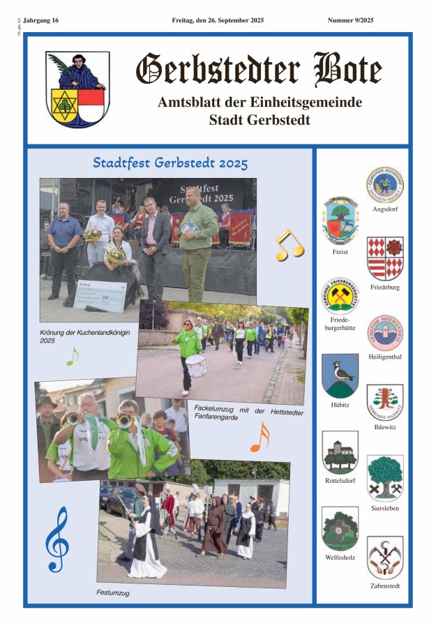 Gerbstedter Bote – Amtsblatt der Einheitsgemeinde Stadt Gerbstedt Titelblatt 09/2025