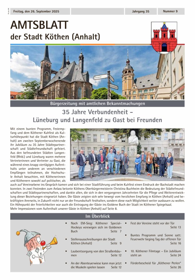 Amtsblatt der Stadt Köthen (Anhalt) – Bürgerzeitung mit amtlichen Bekanntmachungen Titelblatt 09/2025