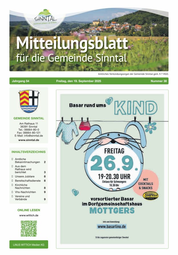 Mitteilungsblatt für die Gemeinde Sinntal Titelblatt 38/2025