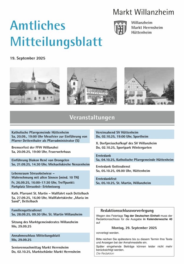 Amtliches Mitteilungsblatt des Marktes Willanzheim Titelblatt 19/2025
