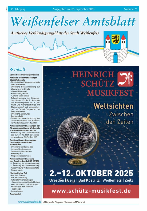 Weißenfelser Amtsblatt – Amtliches Verkündungsblatt der Stadt Weißenfels Titelblatt 09/2025