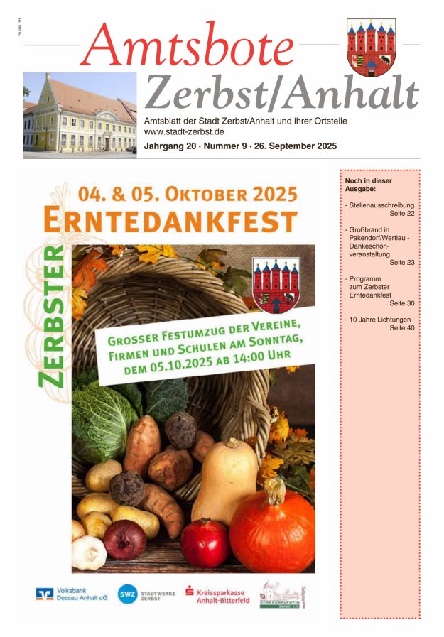 Amtsbote Zerbst/Anhalt – Amtsblatt der Stadt Zerbst/Anhalt und ihrer Ortsteile Titelblatt 09/2025