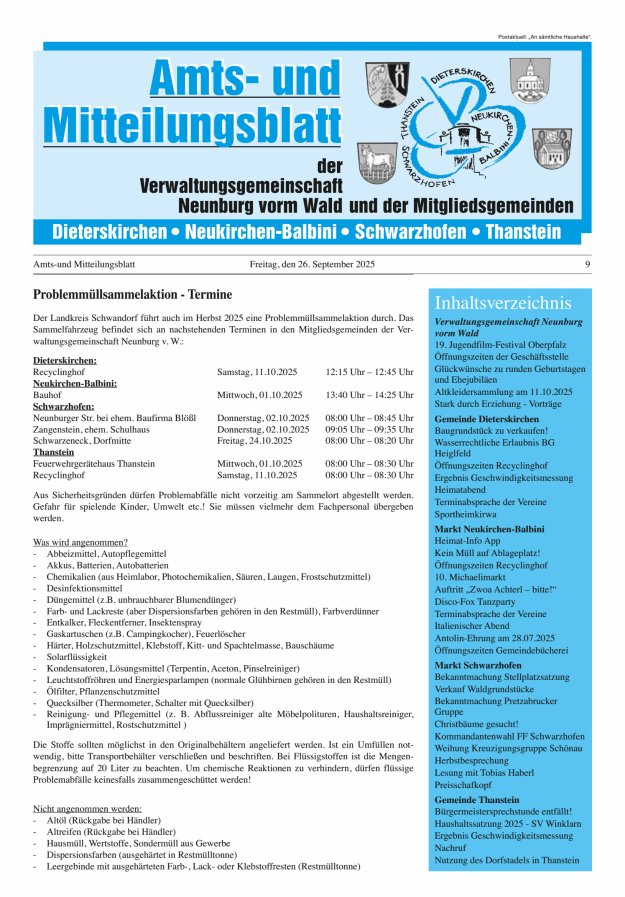 Amts- u Mitteilungsblatt der VG Neunburg vorm Wald u d Mitgliedsgemeinden Titelblatt 09/2025