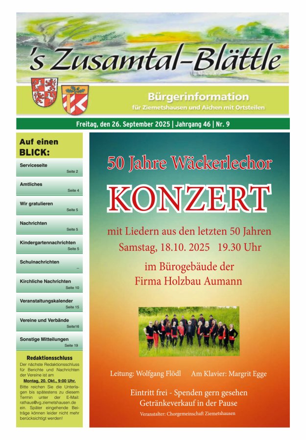 's Zusamtal-Blättle Bürgerinformationen für Ziemetshausen und Aichen mit OTen Titelblatt 09/2025