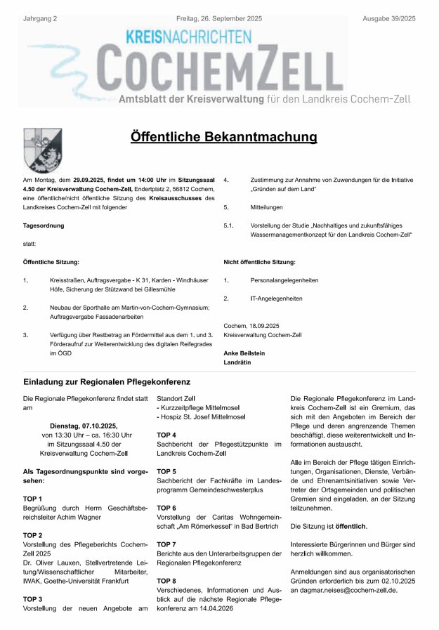 Kreisnachrichten Cochem-Zell Titelblatt 39/2025