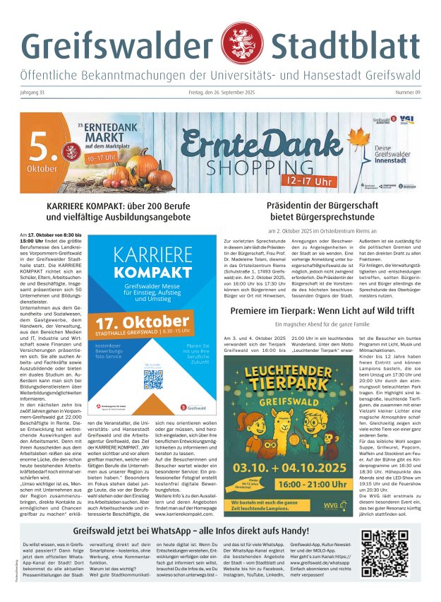Greifswalder Stadtblatt Titelblatt 09/2025
