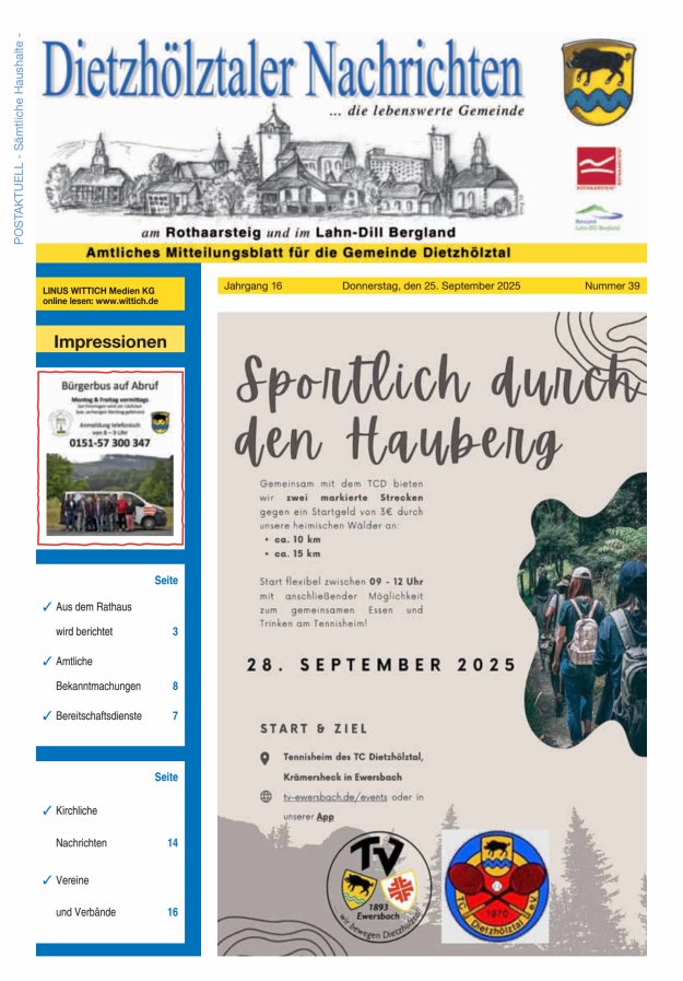 Dietzhölztaler Nachrichten Titelblatt 39/2025
