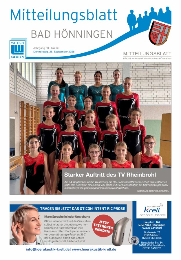 Mitteilungsblatt für den Bereich der Verbandsgemeinde Bad Hönningen Titelblatt 39/2025