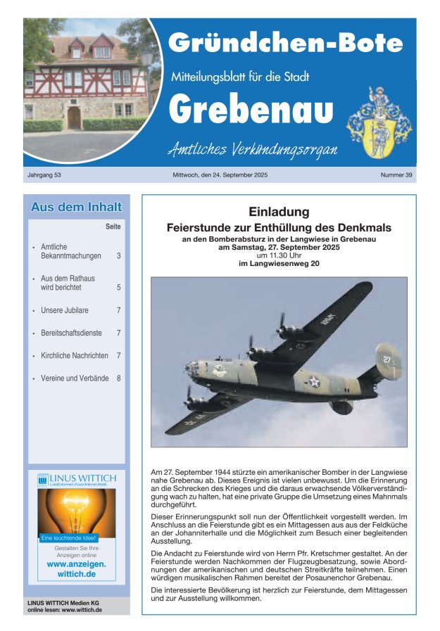 Grebenau - Gründchen Bote - Mitteilungsblatt für die Stadt Grebenau Titelblatt 39/2025