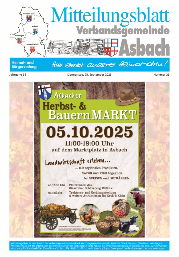 Mitteilungsblatt Verbandsgemeinde Asbach Titelblatt 39/2025