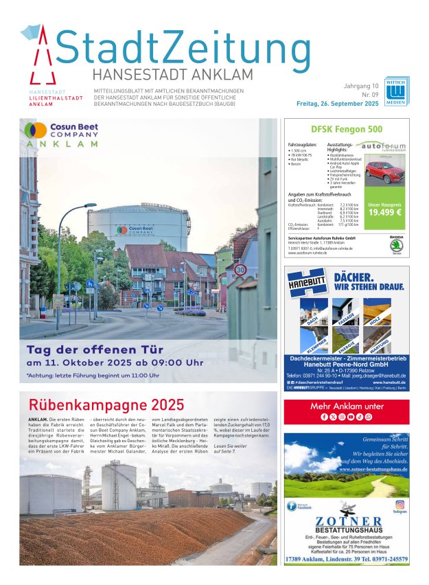Anklam StadtZeitung Titelblatt 09/2025