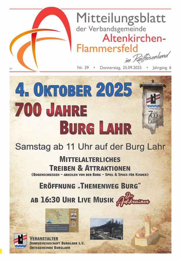 Mitteilungsblatt Verbandsgemeinde Altenkirchen-Flammersfeld Ausg Flammersfeld Titelblatt 39/2025