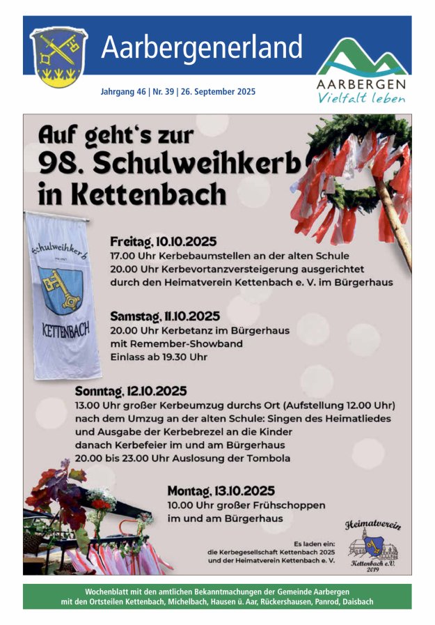 Aarbergenerland - Wochenblatt mit den amtlichen Bekanntmachungen Titelblatt 39/2025