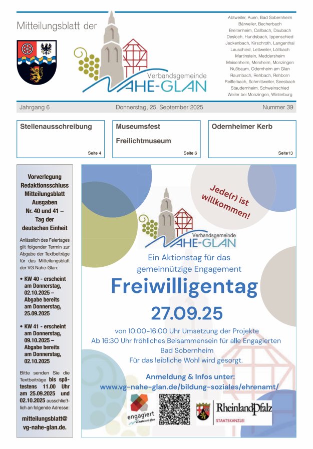 Mitteilungsblatt für die Verbandsgemeinde Nahe-Glan Titelblatt 39/2025