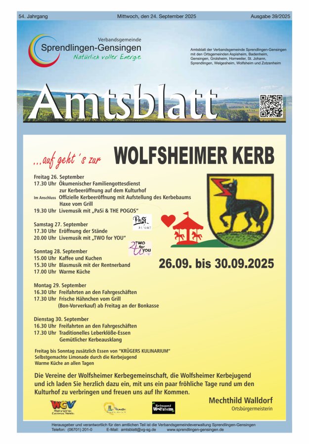 Amtsblatt VG Sprendlingen-Gensingen Titelblatt 39/2025