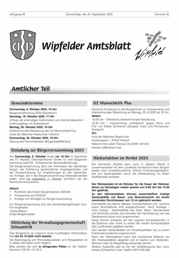 Wipfelder Amtsblatt Titelblatt 20/2025