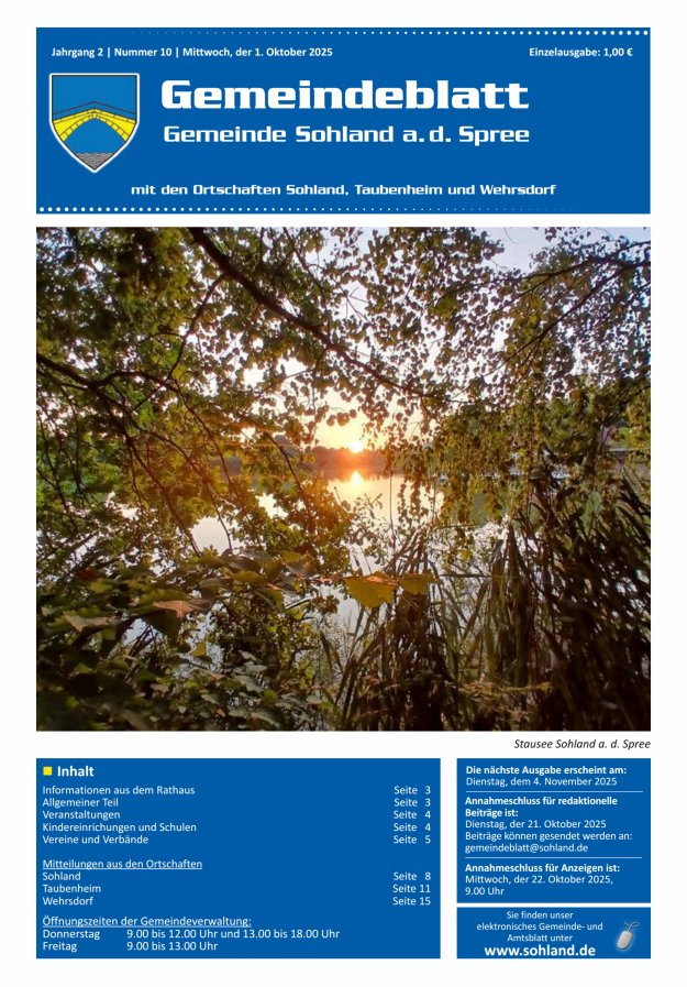 Amtsblatt der Gemeinde Sohland a. d. Spree mit den Ortschaften Sohland, Taubenheim und Wehrsdorf Titelblatt 10/2025