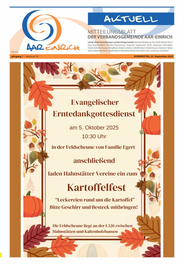 Mitteilungsblatt der Verbandsgemeinde Aar-Einrich Ausgabe Hahnstätten Titelblatt 39/2025