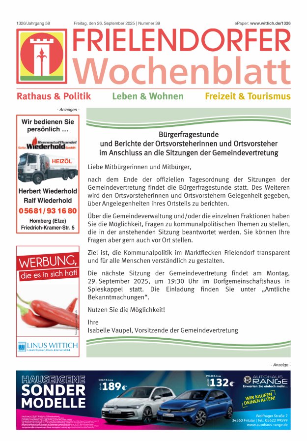 Frielendorfer Wochenblatt Titelblatt 39/2025