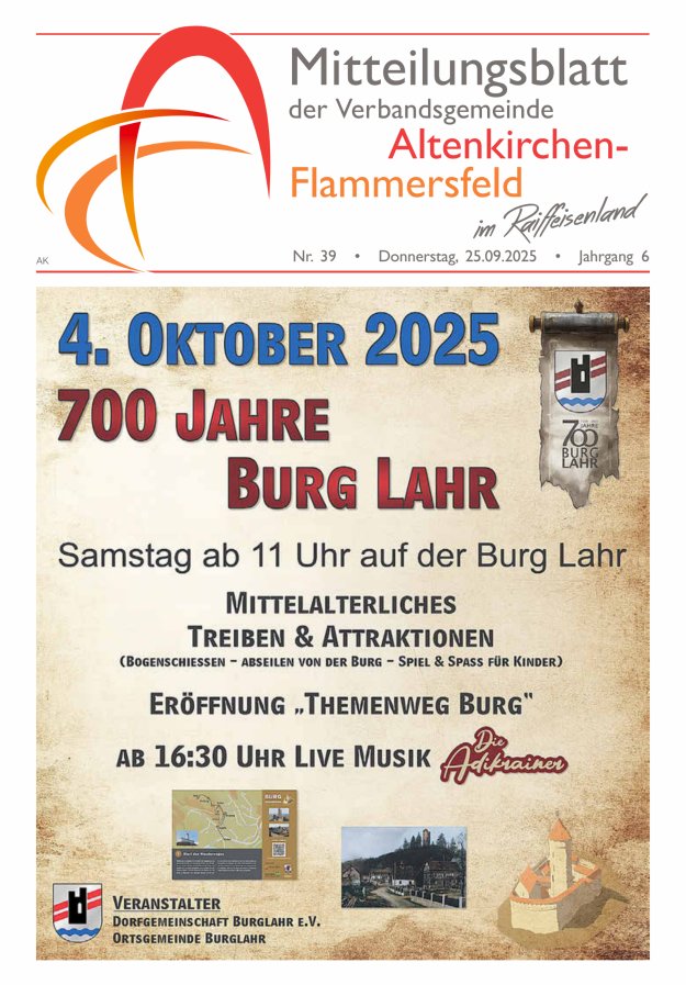 Mitteilungsblatt Verbandsgemeinde Altenkirchen-Flammersfeld Titelblatt 39/2025