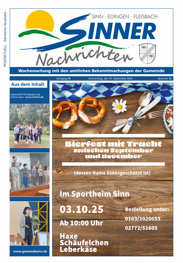Sinner Nachrichten Titelblatt 39/2025