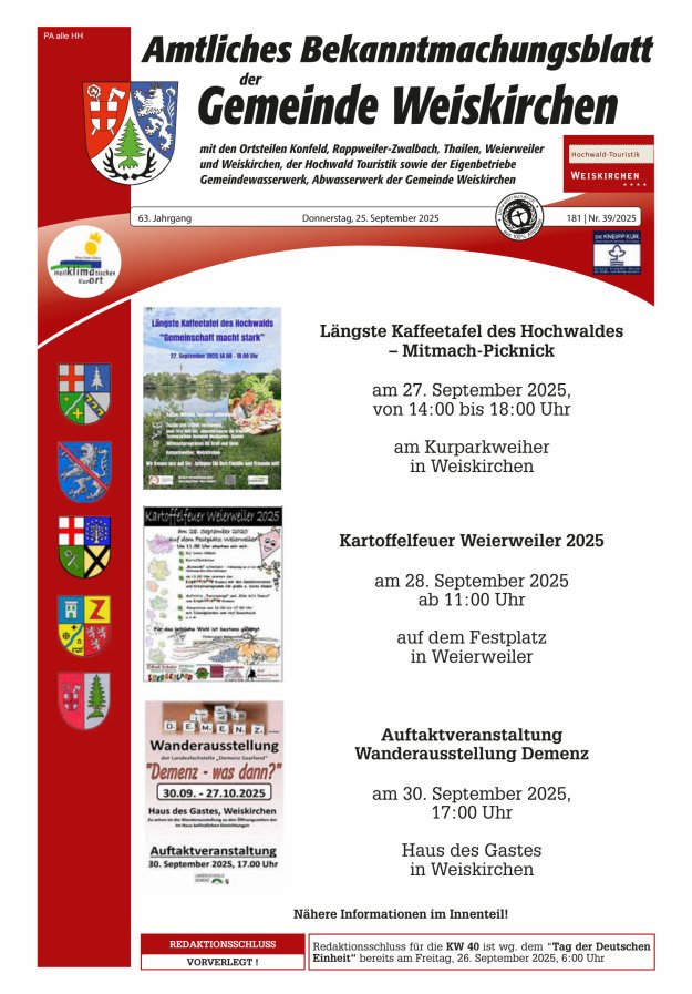 Amtliches Bekanntmachungsblatt der Gemeinde Weiskirchen Titelblatt 39/2025