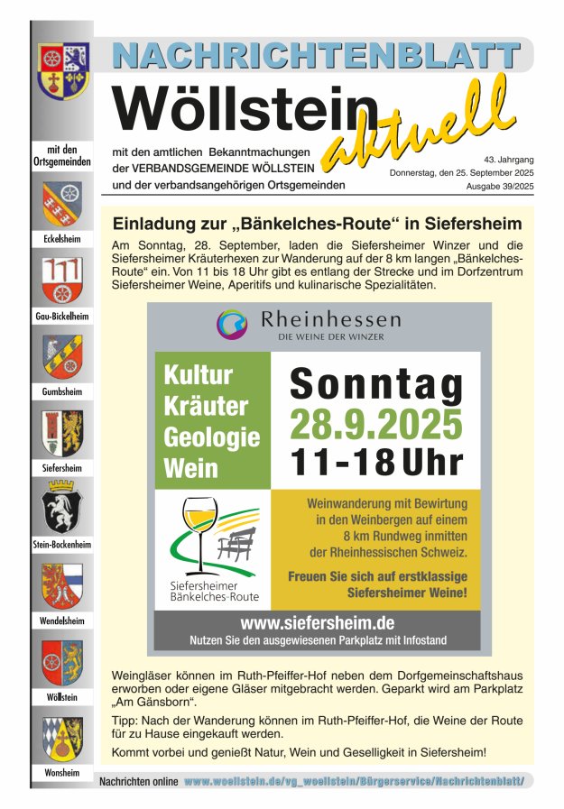 Nachrichtenblatt Wöllstein aktuell Titelblatt 39/2025