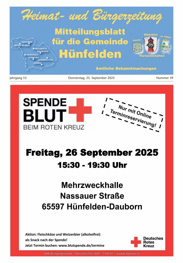 Mitteilungsblatt für die Gemeinde Hünfelden Titelblatt 39/2025