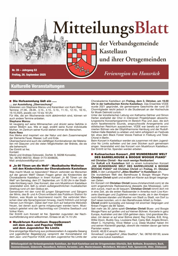Mitteilungsblatt Kastellaun Titelblatt 39/2025